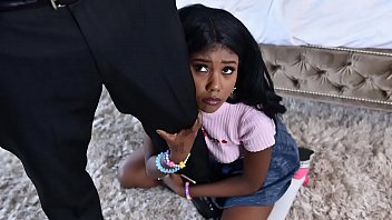 Cute black schoolgirl gets hired to do some babysitting and gets caught playing with her pussy on her boss' bed. – black porn