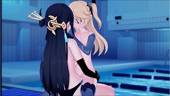 Genshin Impact – Las lesbianas lo hacen con una gran correa en un consolador. Hentai.
